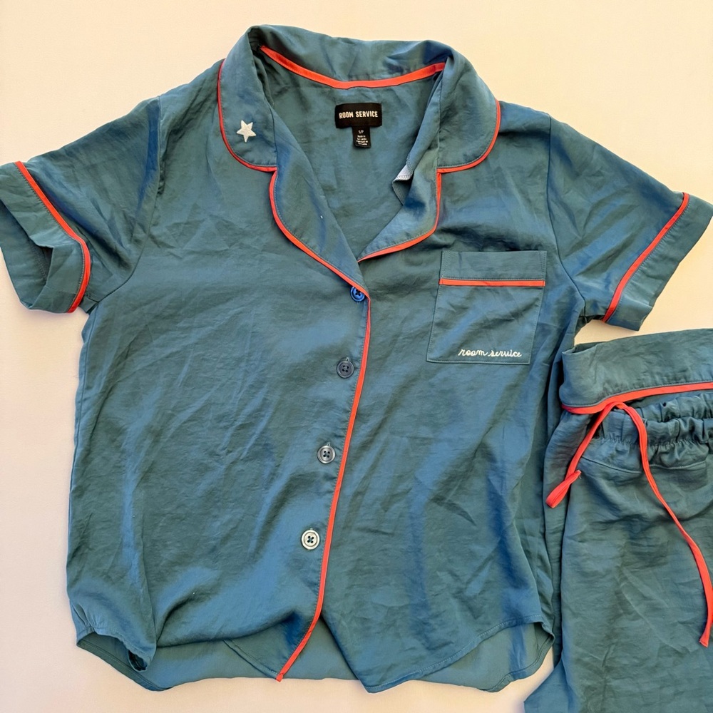 Women’s Room Service Blue Short Sleeve Pajama Set with Orange Trim - Size Small